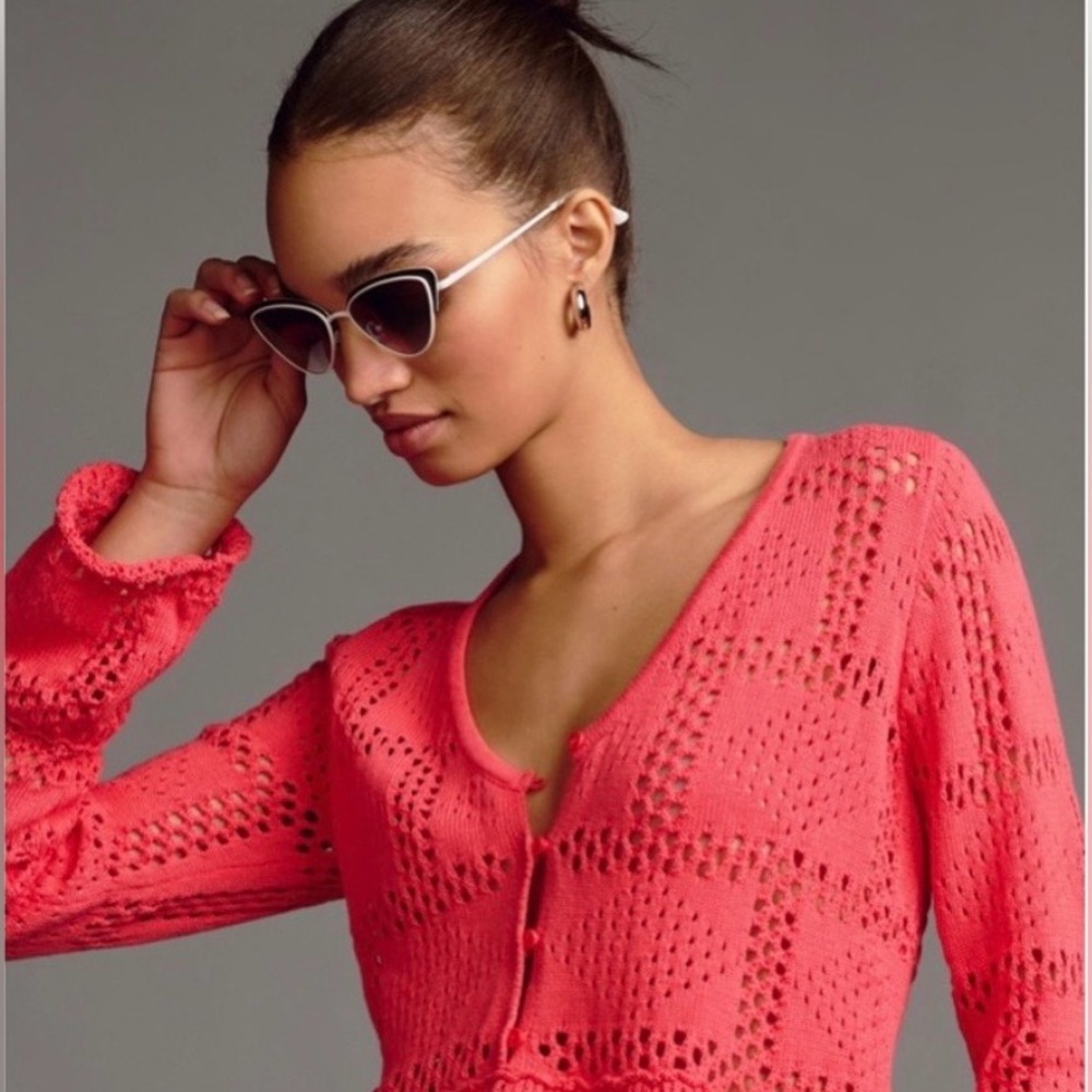 Anthropologie Coral Pink Openwork Button Sweater Cardigan size medium